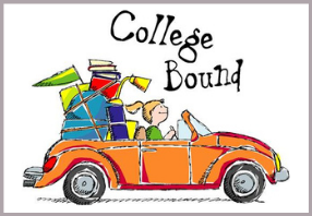  Cartoon with Orange Volkswagen and blonde haired student driving with belongings and College Bound 